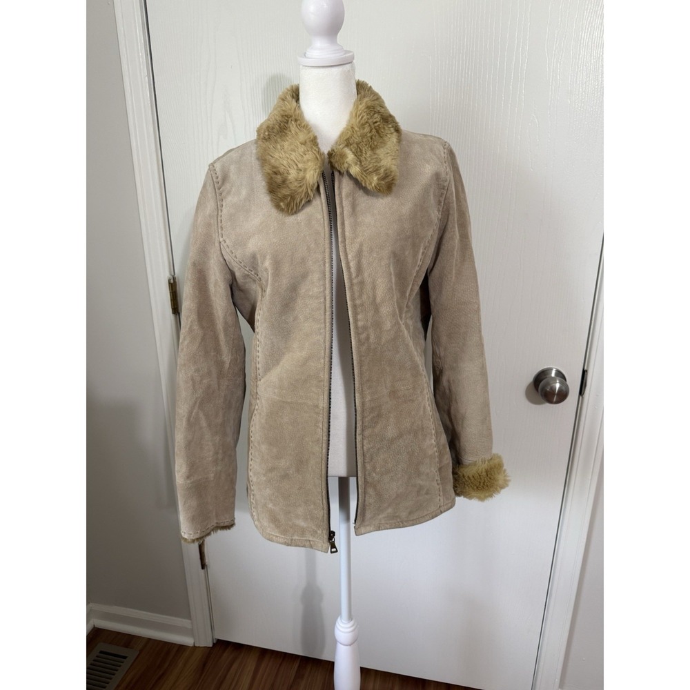 Tan Genuine Leather Faux Fur Lined Coat Jacket Y2K Vintage 90s Medium Grunge